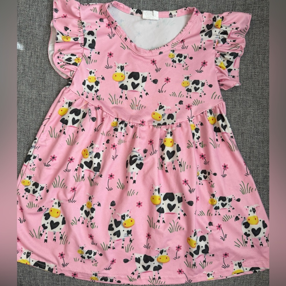 Charming Pink Cute Cow Print Girls 4T Dress 95% cotton 5% spandex VGUC